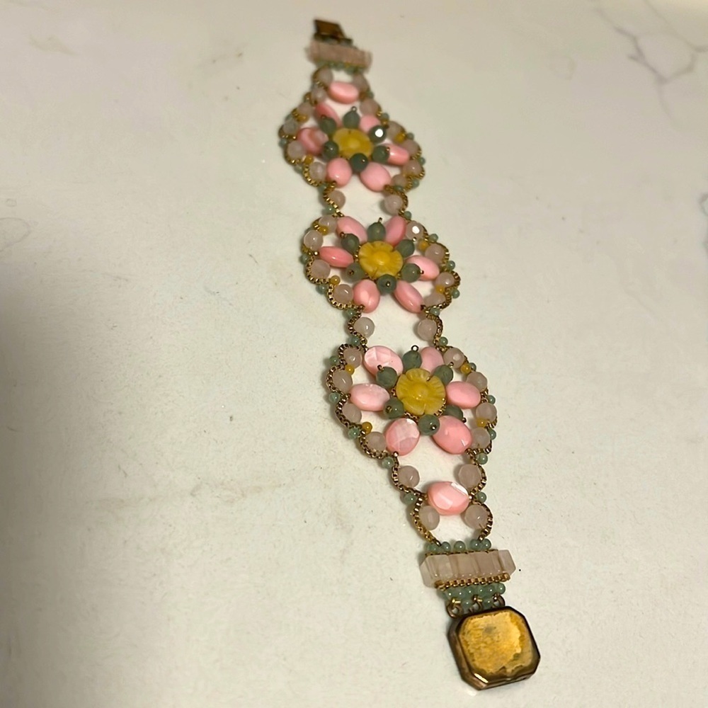 Natural Stone Vintage Crochet Macrame Stone and Chain Tonge and Groove Bracelet - Picture 3 of 6